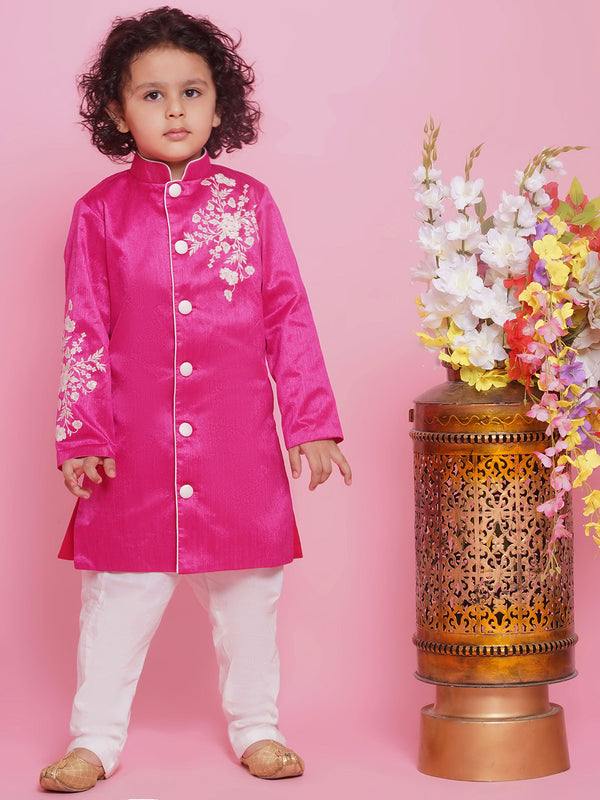 Little Bansi Boys Mulberry Silk Full Sleeves Sherwani and Pyjama with Floral Embroidery Work  - Hot Pink