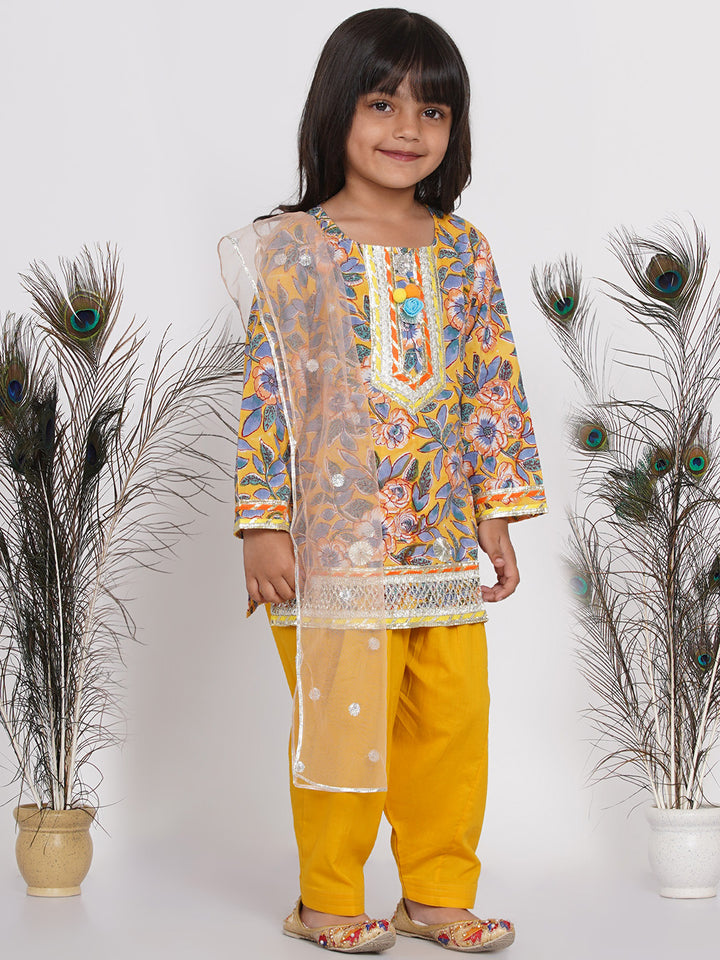 Girls Punjabi Floral work Kurta with Salwar & Dupatta in yellow - Little Bansi