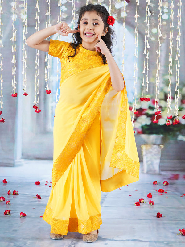 Floral Rangoli Blouse with Ready to wear Saree - Yellow