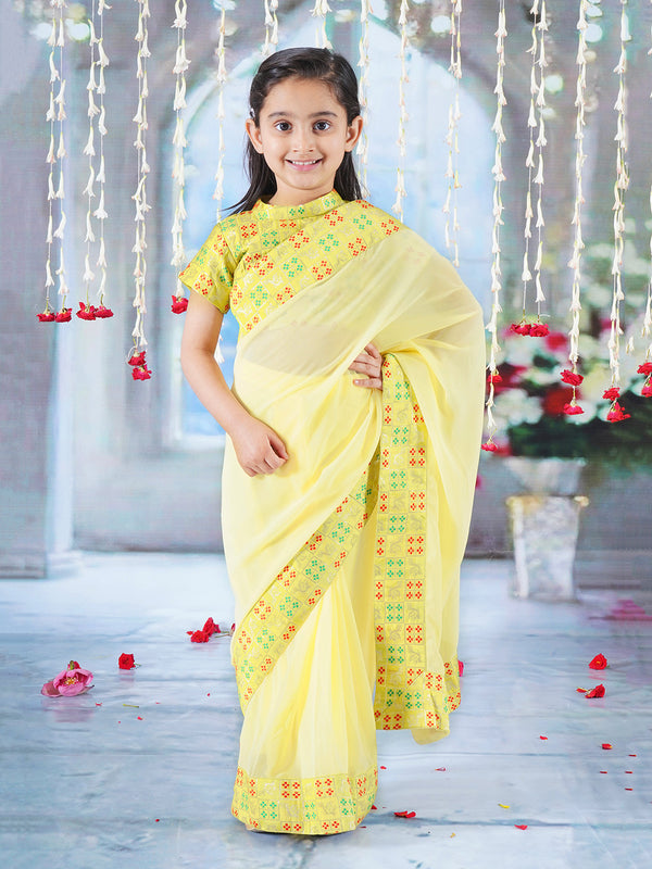 Floral Bird Blouse with Ready to wear Saree - Lemon Yellow