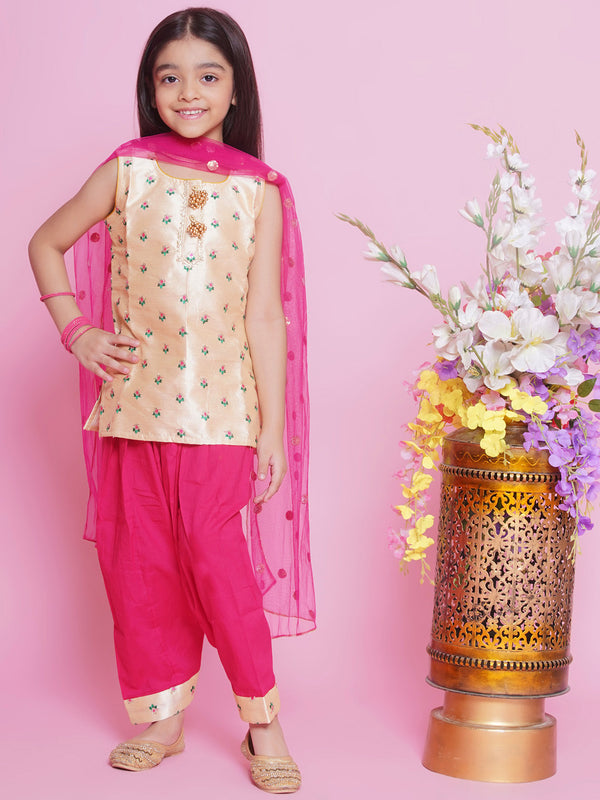 Mulberry Silk Sleeveless Floral Choti Buti Embroidery Kurta with  Salwar & Dupatta - Cream and Pink