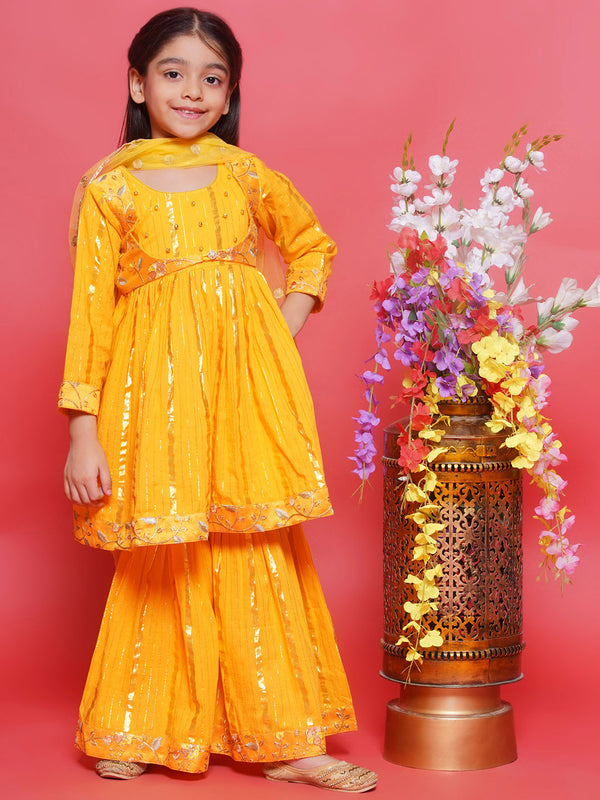 Cotton Three Fourth Sleeves Floral Embroidery Kurta Sharara with Jacket and Dupatta - Haldi Yellow