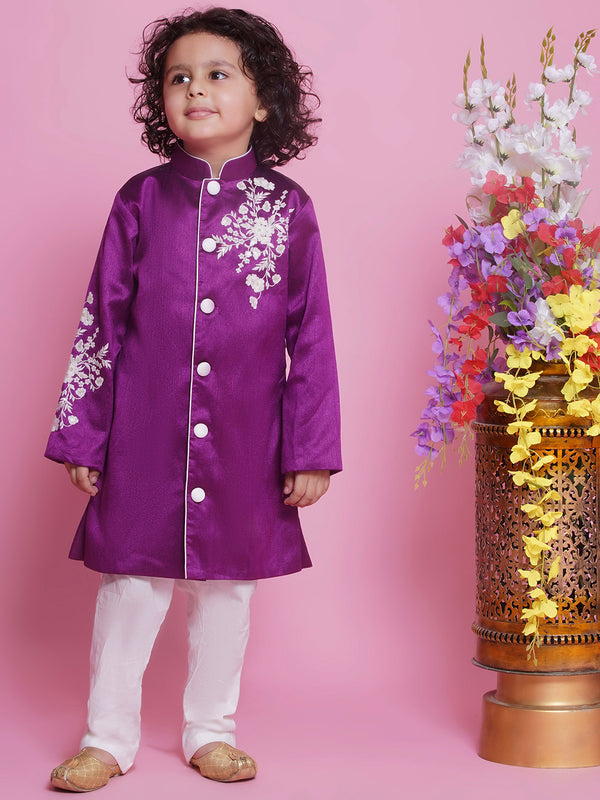 Little Bansi Boys Mulberry Silk Full Sleeves Sherwani and Pyjama with Floral Embroidery Work  - Purple Jam