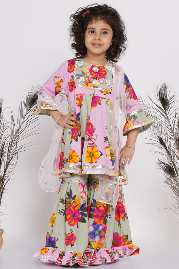 Girls Pearl Detailing Kali Frock Kurta with Sharara and Dupatta in Green & Pink - Little Bansi