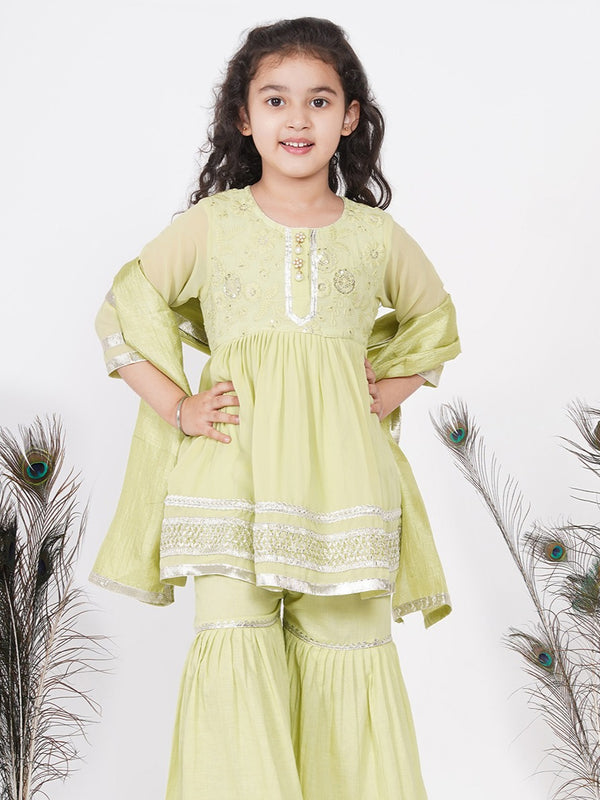 Girls  jaipuri Lacework Kurta frock with Sharara and Dupatta - Classic Green - Little Bansi