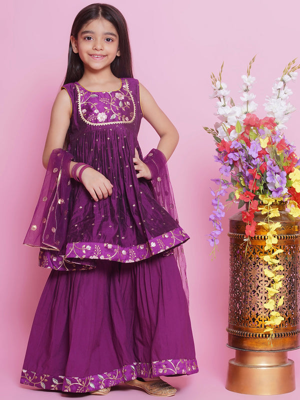 Little Bansi Girls Chanderi Silk Sleeveless Floral Embrodiery Kurta Frock with Sharara and Dupatta  - Royal Purple