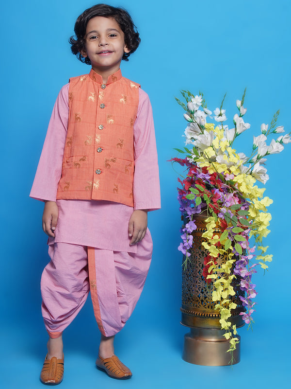 Cotton Sleevelees Golden Deer Embrodiery Nehru Jacket with Kurta and Dhoti - Peach