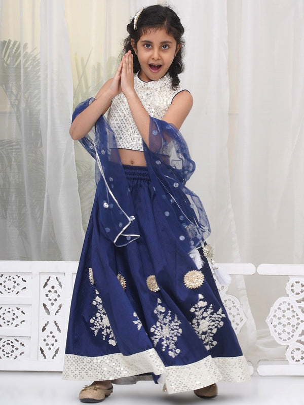 Little Bansi Girls Silk Brocade Kali Work Lehenga with Floral Thread Work & Sequin work Sleeveless Blouse with Dupatta - Royal Blue