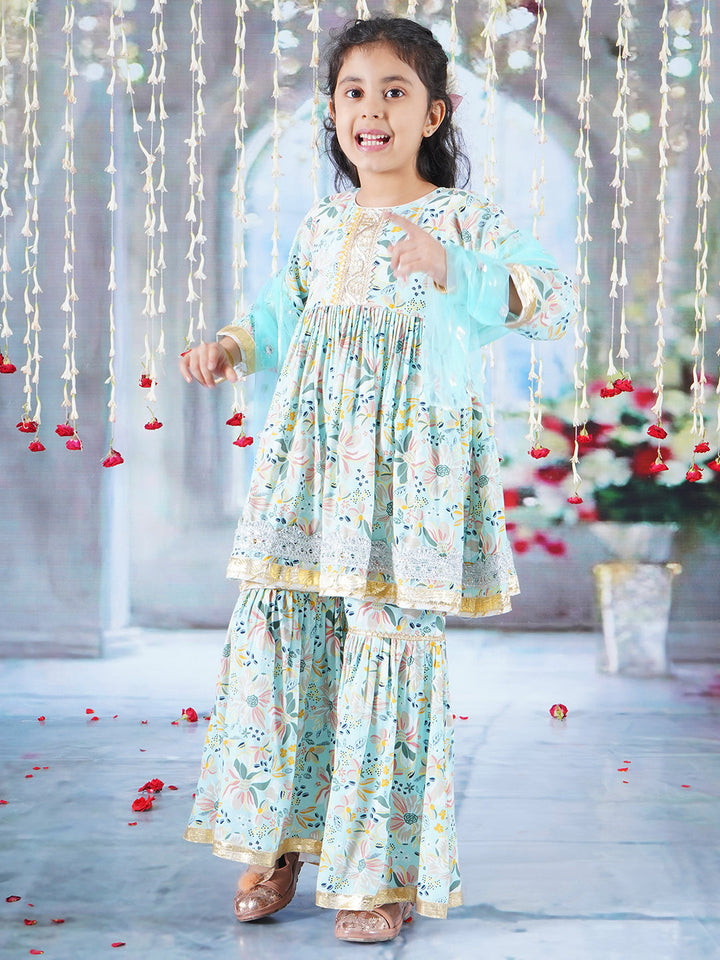 Girls Cotton Three Fourth Sleeves Kurta Sharara and Dupatta with Floral Brush Print & Lace work - Sky Blue - Little Bansi