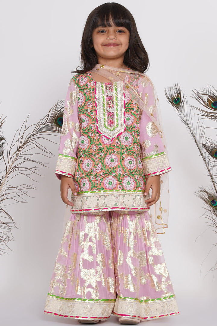 Girls Bengali Lace work Floral Kurta with Embellished Sharara & Duppata in Pink - Little Bansi