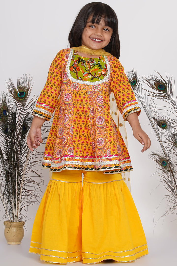 Girls Embroidery Kali work Jaipuri Kurta Frock with Sharara & Dupatta in Yellow - Little Bansi