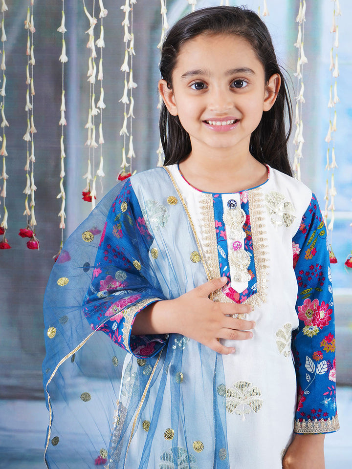 Girls Cotton Full Sleeves Kurta Sharara and Dupatta with Floral Print, Floral Embroidery, Lace & Rajasthani Lac Work - White & Blue - Little Bansi