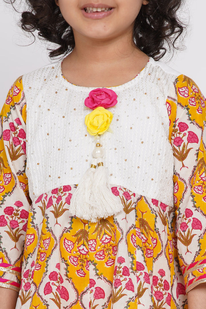 Girls Floral & Bead Embroidery work Kurta Frock with Sharara & Dupatta in Yellow - Little Bansi