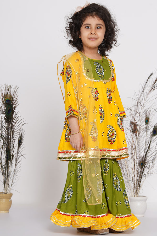 Girls Cotton Floral Jaipuri Kurta with Gunghroo work, Frill Sharara, and Dupatta - Little Bansi