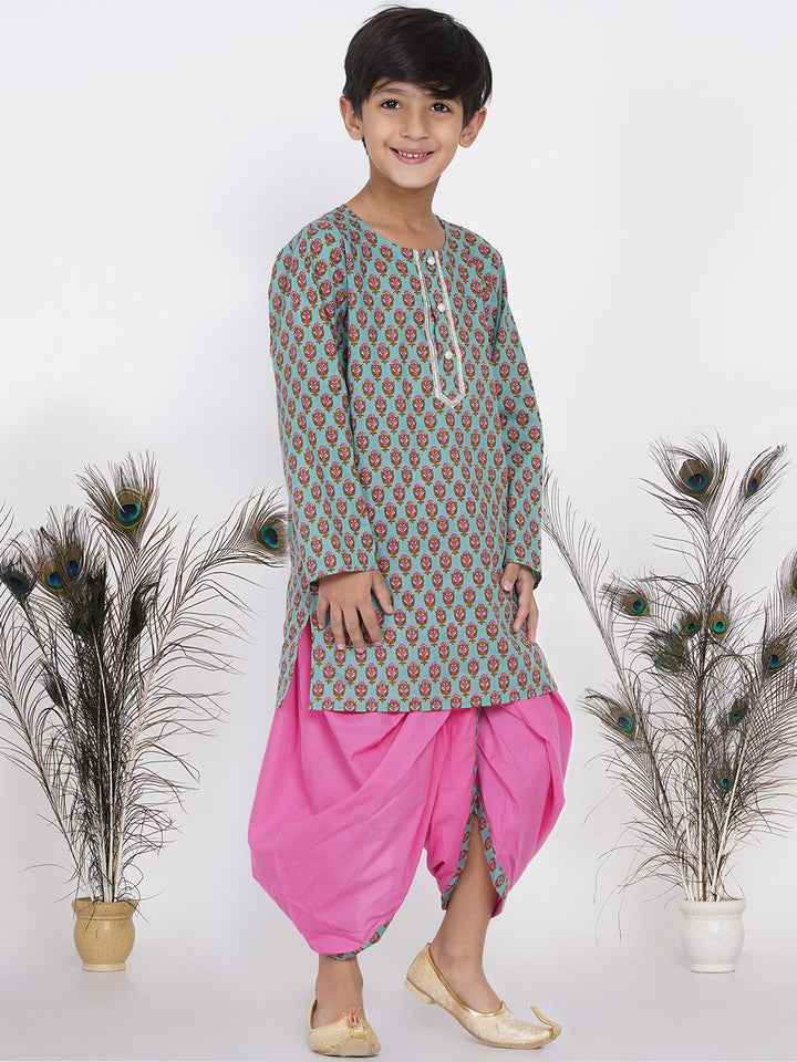 Boys Floral Kurta with Pearl Buttons and Dhoti in Blue and Pink - Little Bansi