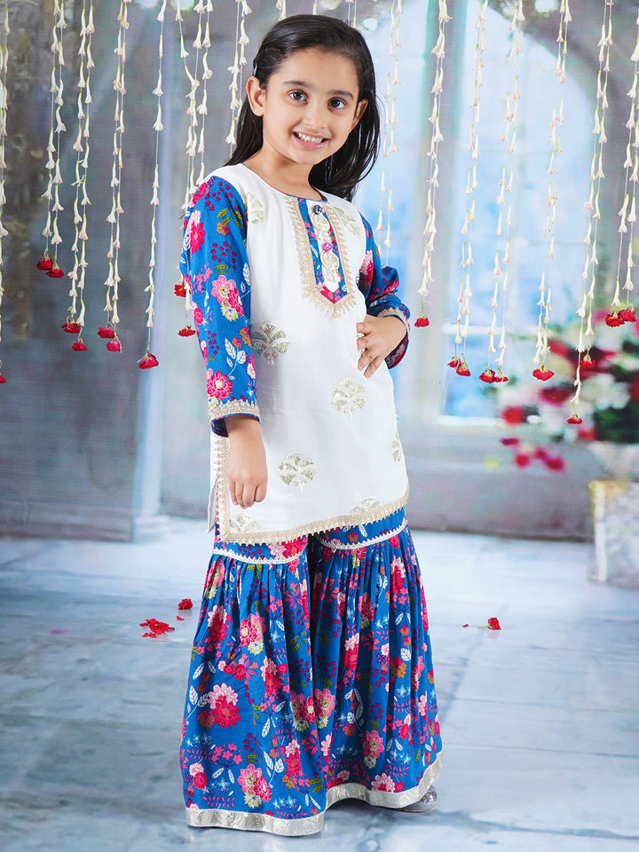 Girls Cotton Full Sleeves Kurta Sharara and Dupatta with Floral Print, Floral Embroidery, Lace & Rajasthani Lac Work - White & Blue - Little Bansi