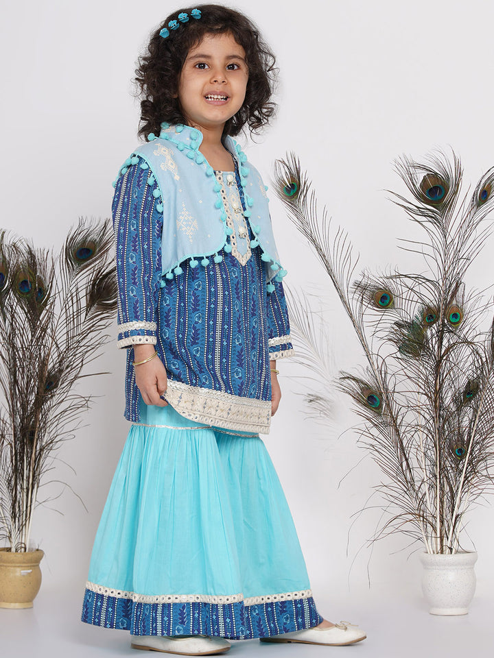 Girls Floral Print Kurta with Lace work and Sharara with pom pom jacket - Little Bansi