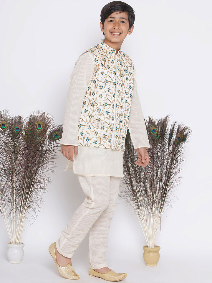 Silk Blue Floral Embroidery Jacket with Cotton Kantha kurta and Kantha Pyjama - Little Bansi