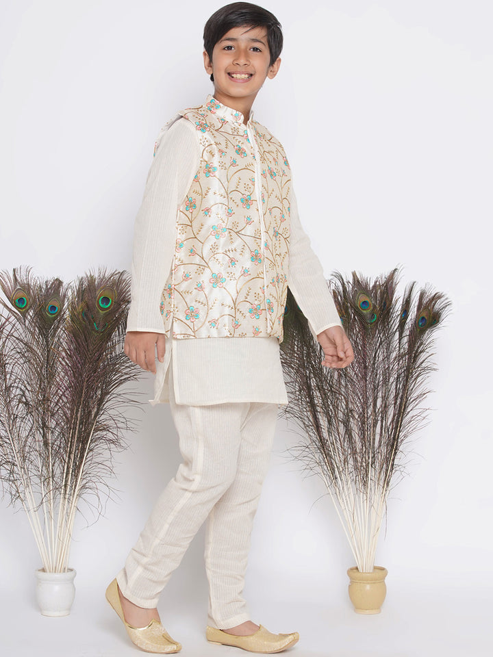 Boys Floral Embroidery Jacket with Cotton Kantha kurta and Kantha Pyjama - Little Bansi