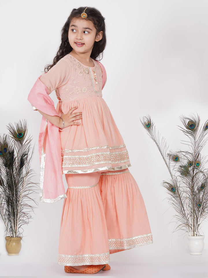 Girls Gotta Patti work Kurta frock with Sharara and Dupatta - Little Bansi