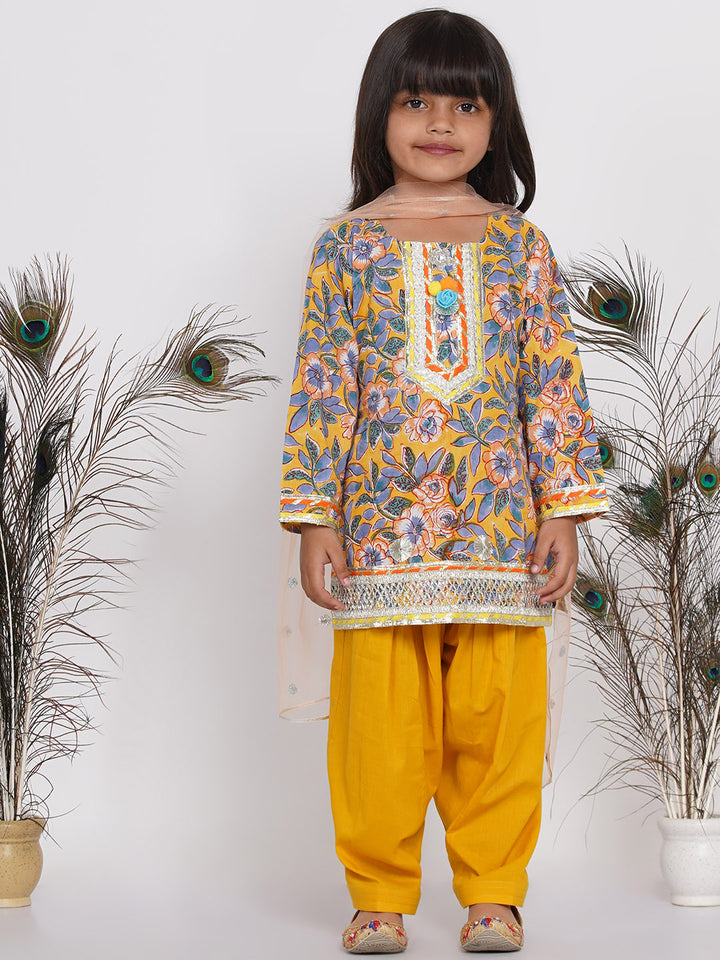 Girls Punjabi Floral work Kurta with Salwar & Dupatta in yellow - Little Bansi