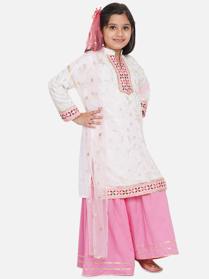 Girls Bengali Embroidery Lacework Kurta with Sharara & Dupatta in White & Pink - Little Bansi