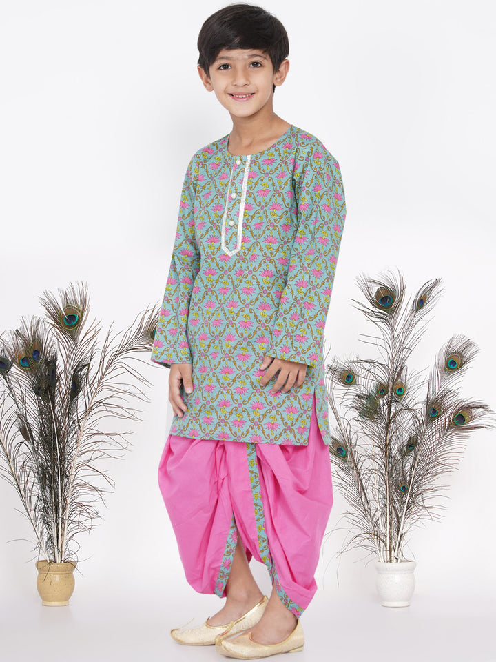 Boys Floral Kurta with Pearl Buttons and Dhoti in Blue and Pink - Little Bansi