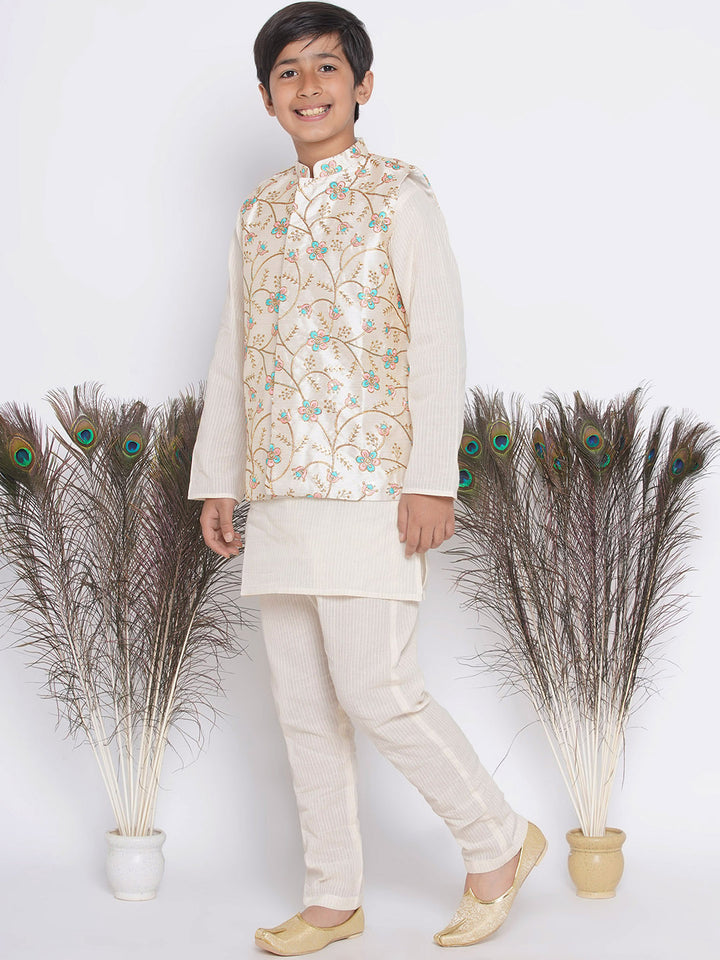Boys Floral Embroidery Jacket with Cotton Kantha kurta and Kantha Pyjama - Little Bansi