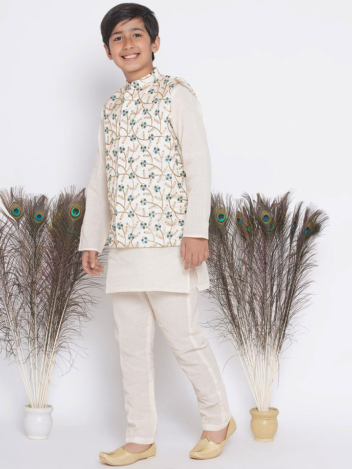 Silk Blue Floral Embroidery Jacket with Cotton Kantha kurta and Kantha Pyjama - Little Bansi