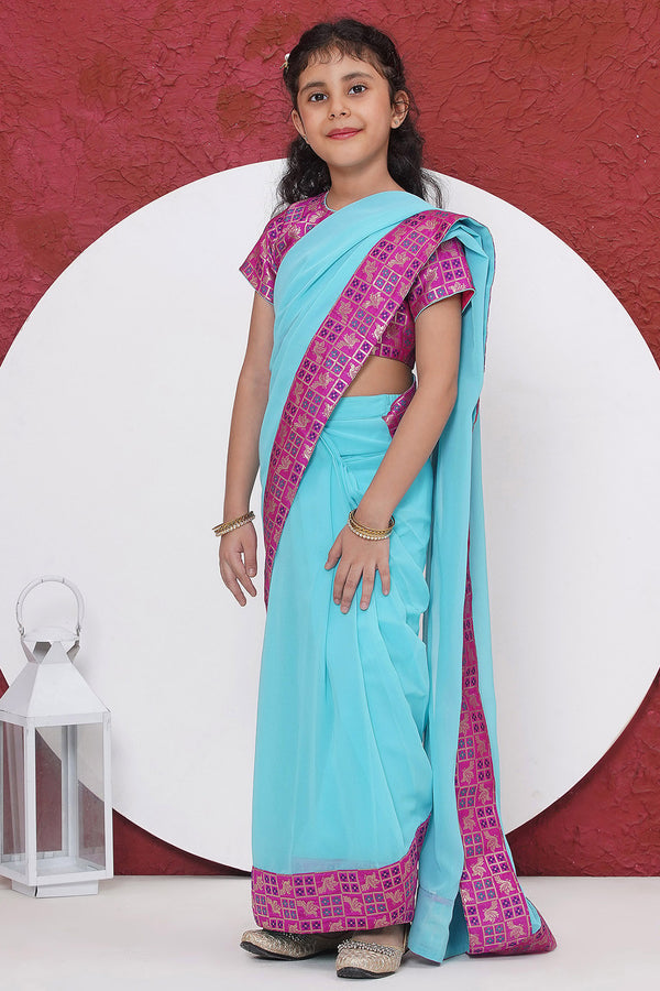 Floral Bird Blouse with Ready to wear Saree - Blue