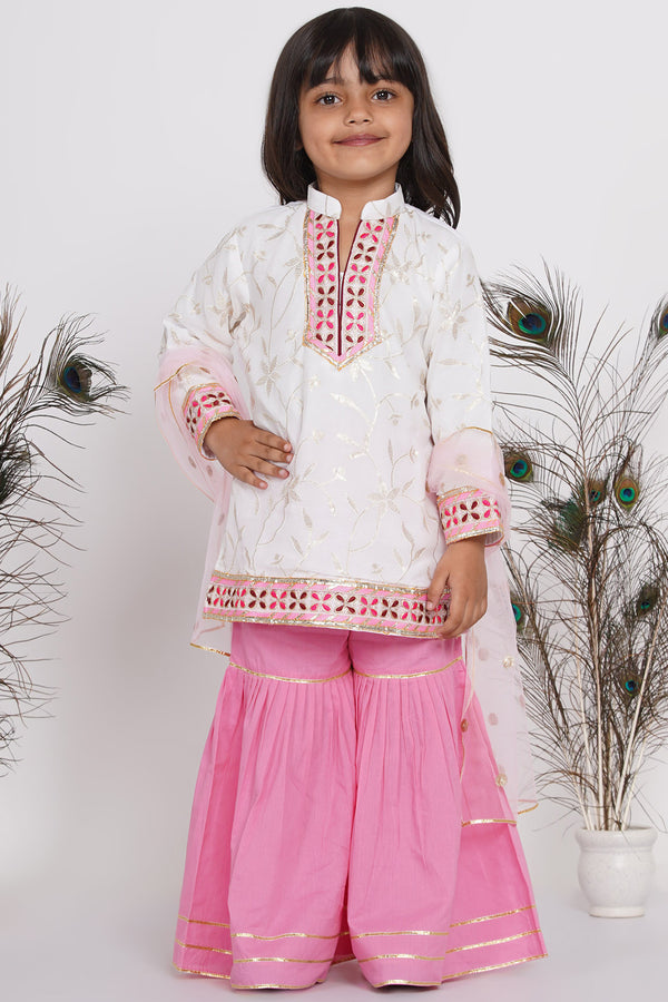 Girls Bengali Embroidery Lacework Kurta with Sharara & Dupatta in White & Pink - Little Bansi