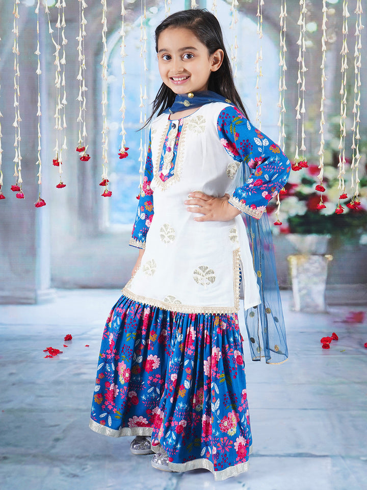 Girls Cotton Full Sleeves Kurta Sharara and Dupatta with Floral Print, Floral Embroidery, Lace & Rajasthani Lac Work - White & Blue - Little Bansi