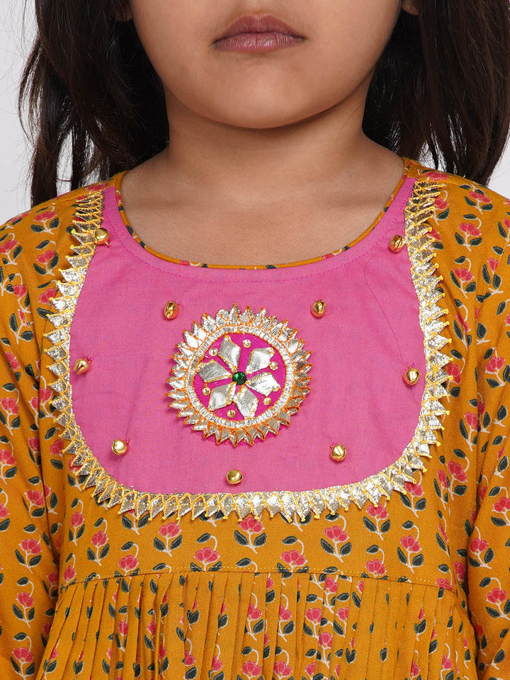 Girls Jaipuri Print Kurta Frock with Salwar in Yellow & Pink - Little Bansi