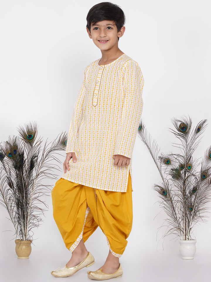 Boys Leaf Print Kurta with Pearl Buttons and Dhoti in Cream and yellow - Little Bansi