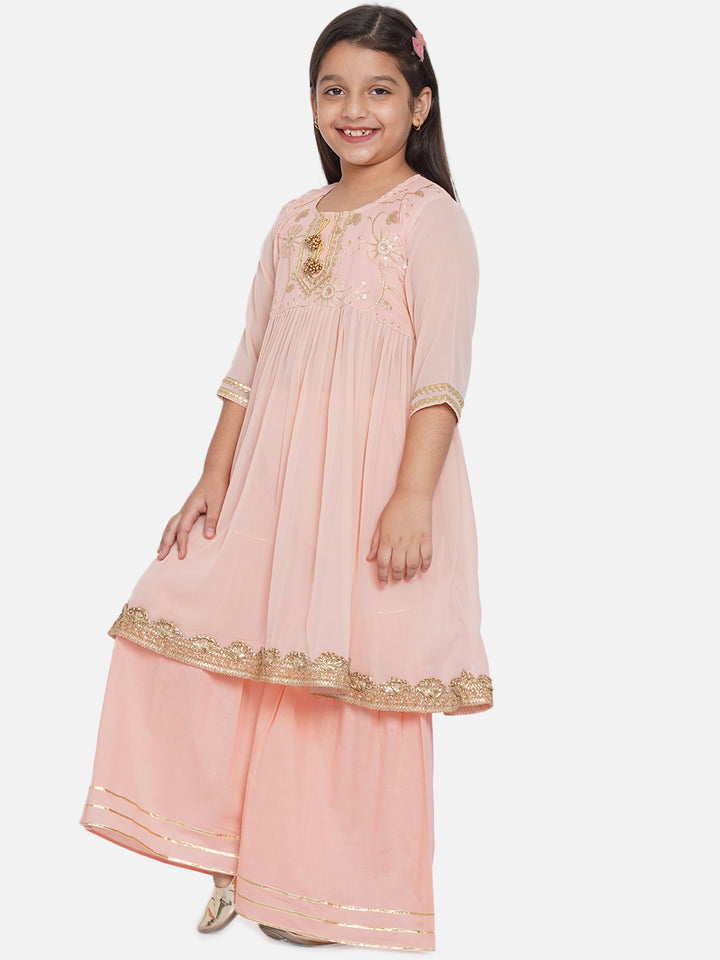 Peach Embroidery work Kurta with Sharara - Little Bansi