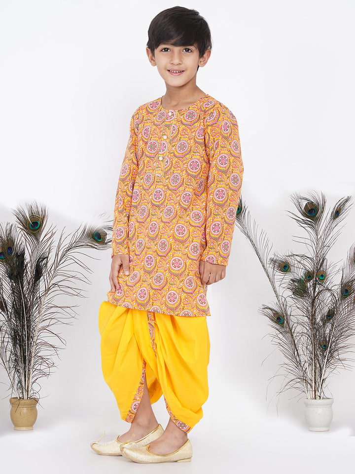 Boys Floral Kurta with Pearl Buttons and Dhoti in Yellow - Little Bansi