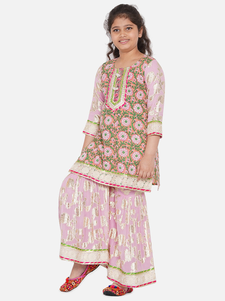 Girls Bengali Lace work Floral Kurta with Embellished Sharara & Duppata in Pink - Little Bansi