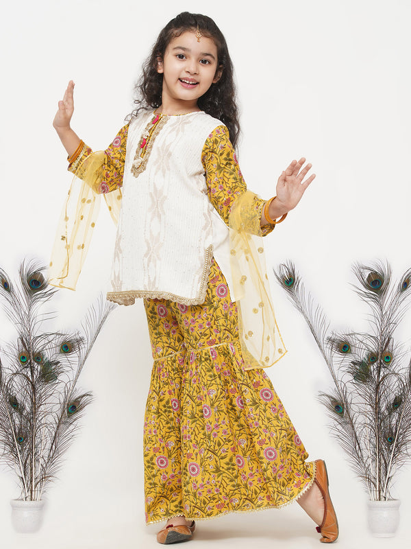 Girls Taj Embroidery Kurta with Tussel work and floral sharara with Dupatta - Little Bansi