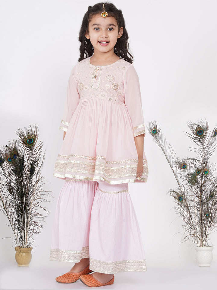 Girls Gotta Patti work Kurta frock with Sharara and Dupatta - Baby Pink - Little Bansi