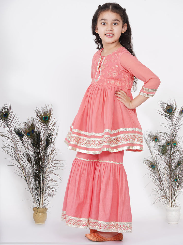 Girls jaipuri Lacework and Gotta Patti work Kurta frock with Sharara and Dupatta - Little Bansi