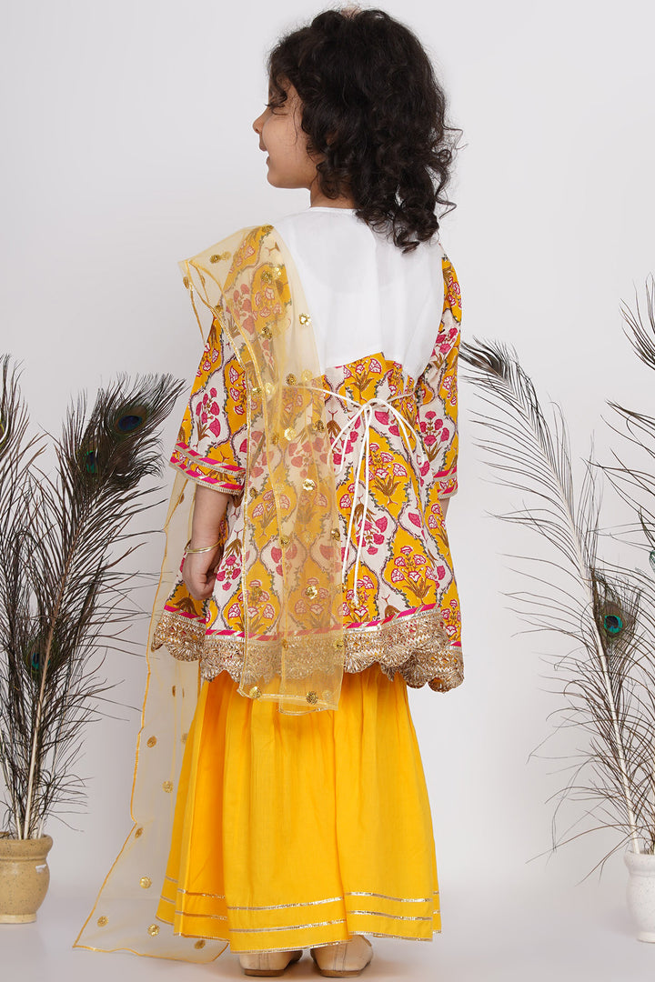 Girls Floral & Bead Embroidery work Kurta Frock with Sharara & Dupatta in Yellow - Little Bansi