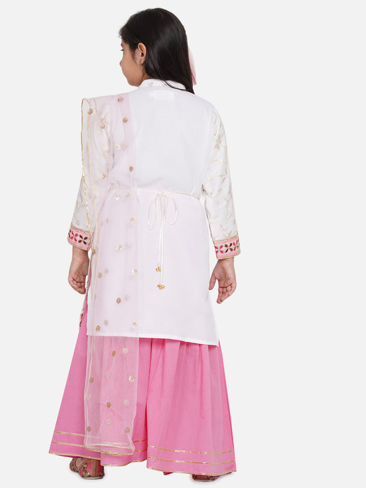 Girls Bengali Embroidery Lacework Kurta with Sharara & Dupatta in White & Pink - Little Bansi