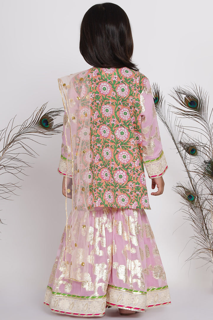 Girls Bengali Lace work Floral Kurta with Embellished Sharara & Duppata in Pink - Little Bansi