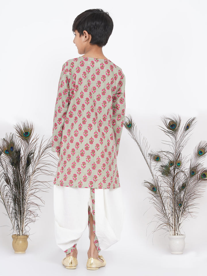 Boys Floral Kurta with Pearl Buttons and Dhoti in Green and Cream - Little Bansi