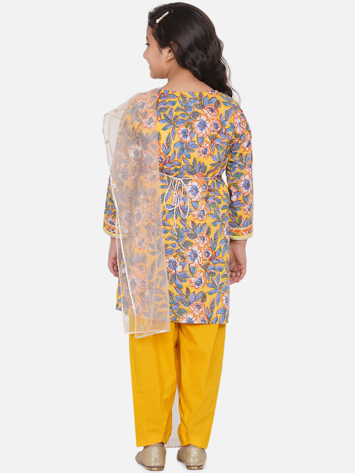 Girls Punjabi Floral work Kurta with Salwar & Dupatta in yellow - Little Bansi