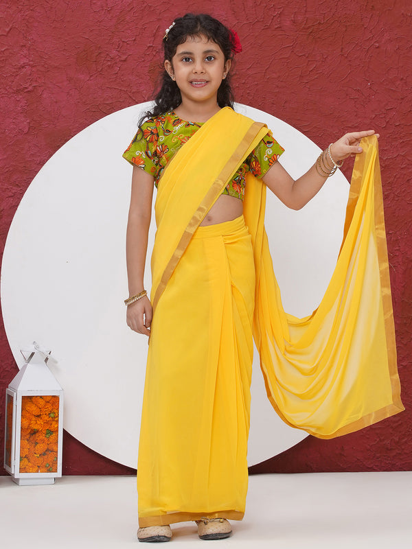 Floral Thread work Ready to wear Blouse with Ready to wear Saree - Yellow