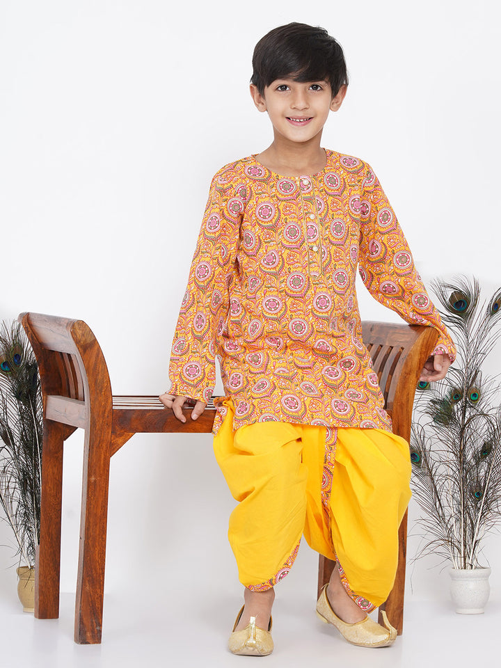 Boys Floral Kurta with Pearl Buttons and Dhoti in Yellow - Little Bansi