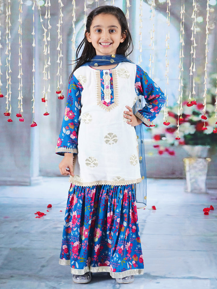 Girls Cotton Full Sleeves Kurta Sharara and Dupatta with Floral Print, Floral Embroidery, Lace & Rajasthani Lac Work - White & Blue - Little Bansi