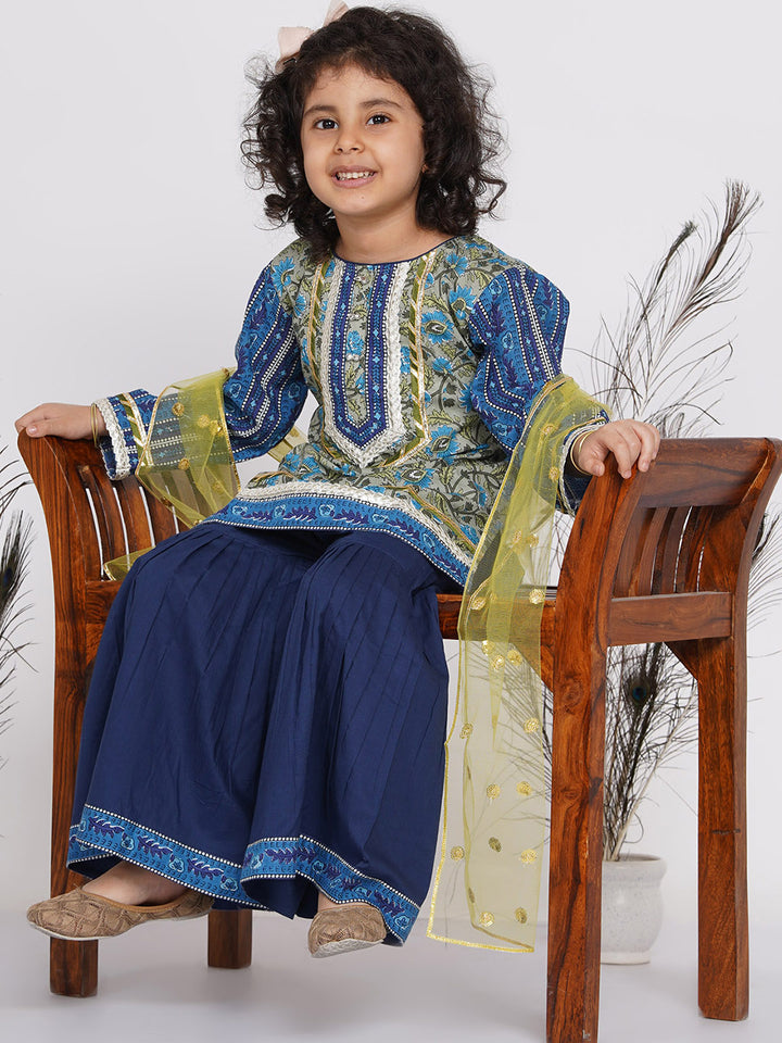 Girls Lacework Floral Kurta with Sharara and Dupatta in Indigo Blue and Green - Little Bansi