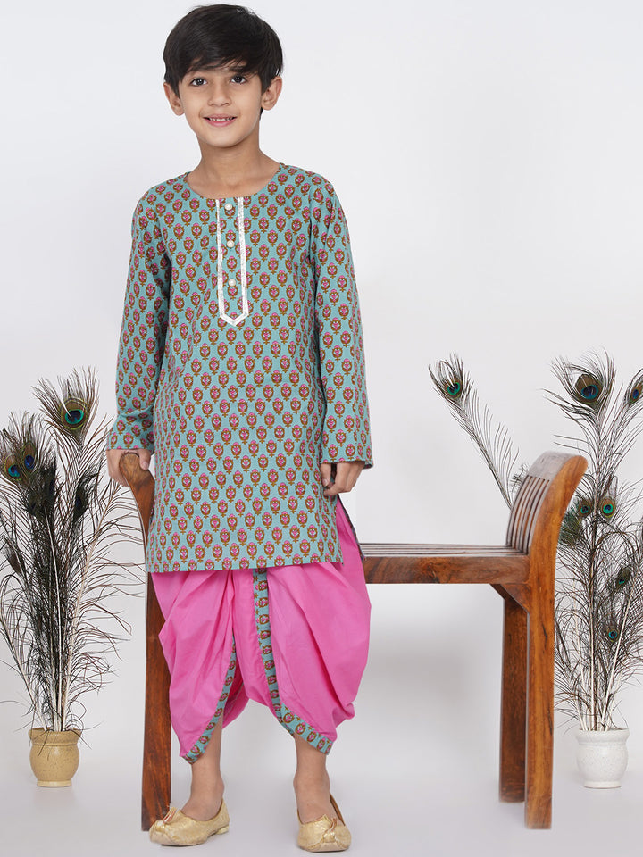 Boys Floral Kurta with Pearl Buttons and Dhoti in Blue and Pink - Little Bansi